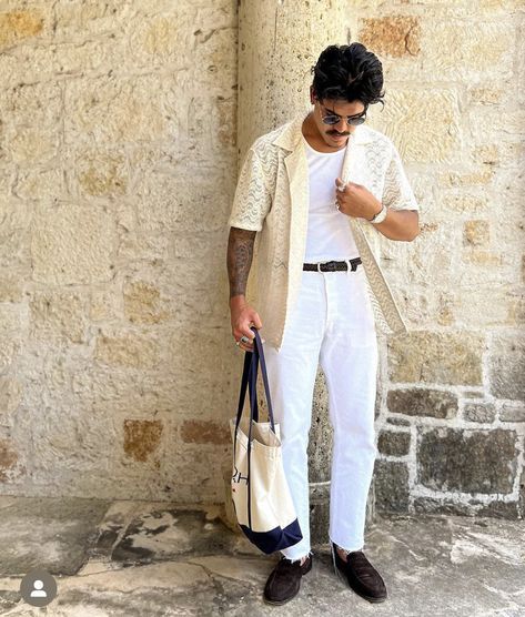 Mens Summer Party Outfit, Mexico City Mens Fashion, Boho Male Outfit, Havana Outfit Men, Mens Cocktail Outfit, Miami Outfits Men, Italian Fashion Summer, Salsa Outfit, Summer Fits Men