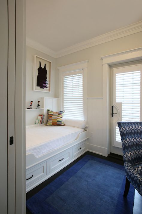 Blue Beach Bedroom, Built In Daybed, Built In Bed, Wainscoting Panels, Office Guest Room, Architectural Services, Cottage Bedroom, Vintage Swimsuit, Beach Bedroom