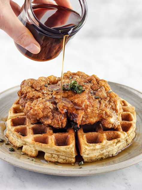 Sage Fried Chicken and Waffles (With Hot Maple Syrup) ��– The Kitchen Coalition Chicken Waffles Recipe, Fried Chicken Waffles, Fried Chicken And Waffles, Chicken Waffles, Frozen Waffles, Waffle Fries, Waffles Recipe, Holiday Hosting, Perfect Brunch