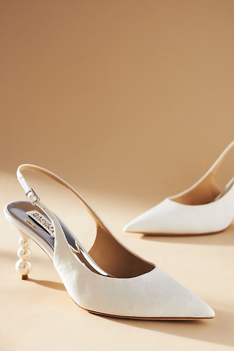 The Badgley Mischka Beatrix Slingback Pumps, adorned with an eye-catching stacked bubble heel, are ready to carry you through your special day in elegant style. | Beatrix Slingback Pumps by Badgley Mischka in White, Women's, Size: 7, Leather/Plastic/Wood at Anthropologie Badgley Mischka Bridal Shoes, Classic Wedding Shoes, Fall Wedding Shoes, White Heels Wedding, Elegant Wedding Shoes, White Bridal Shoes, Bridal Shoes Low Heel, Wedding Shoes Low Heel, Bridal Pumps