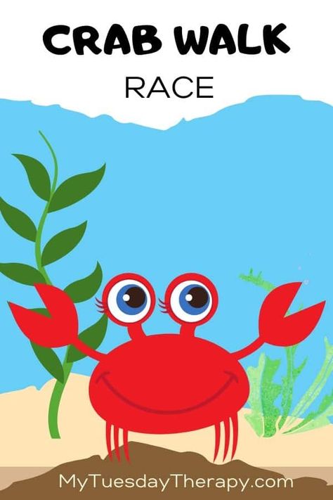 Crab walk race. A fun game for under the sea party. Things to do with kids. Party games for kids. Activity ideas for kids. Ocean Themed Carnival Games, Summer Camp Under The Sea, Ocean Themed Games For Preschool, Under The Sea Games Activities, Under The Sea School Age Activities, Under The Sea Themed Games, Ocean Birthday Activities, Under The Sea Games Preschool, Under The Sea Physical Activities