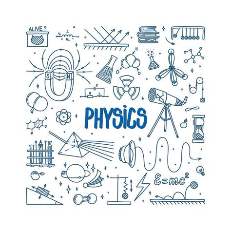 Physics doodle with magnet, prism, telescope and atom. Hand drawn science items. Physics theory elements and formula equation isolated in white background. Doodle vector illustration Physics Poster Ideas High Schools, Physics Illustration Art, Physics Drawing Ideas, Cute Science Doodles, Physics Design Ideas, Physics Poster Ideas, Atoms Aesthetic, Physics Doodles, Physics Icon