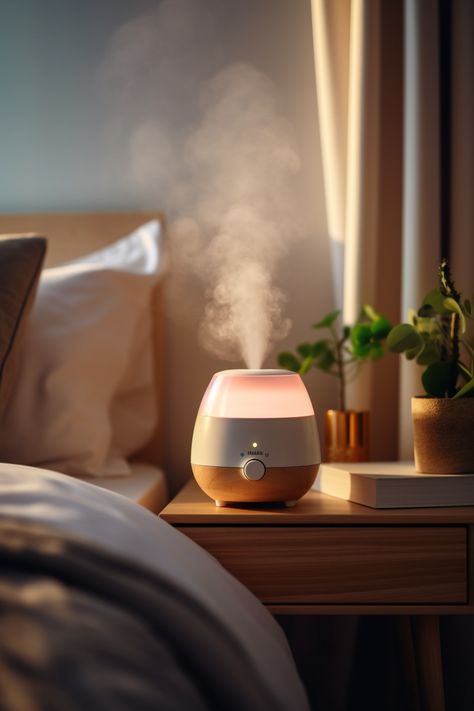 Bedroom Humidifier Aesthetic, Humidifier Photography, 3d Product Rendering, Diy Light Diffuser Photography, Diffuser Product Photography, Commercial Photography Product, Stock Background, Aromatherapy Humidifier, Bedroom Table