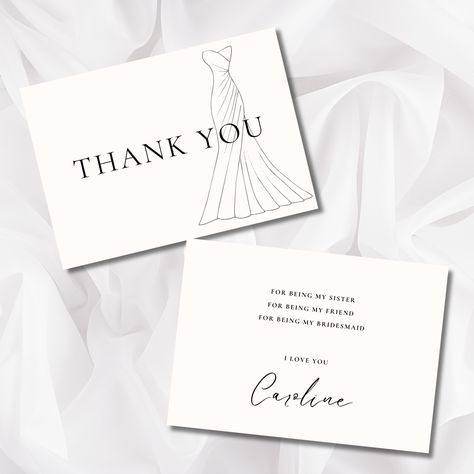 The cutest wedding dress card to say "thank you!" to your bridesmaids or wedding guests. Simple customizable template, less than $5 on sale in my #Etsy shop - https://etsy.me/3Nq6gPa #bridesmaidthankyou #weddingthankyou #maidofhonorcard #modern #thankyoucard Champagne Gold Bridesmaid Dresses, Card Dress, Bridesmaid Thank You Cards, Dress Card, Bridesmaid Thank You, Modern Card, Walmart Gift Cards, Cute Wedding Dress, Bridesmaid Cards