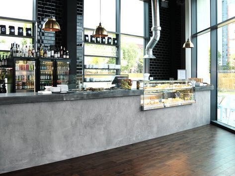 Lime Concrete Bar #plaster Cafe Bar Interior, Italian Plaster, Concrete Bar, Wood Cafe, Bar Counter Design, Cafe Counter, Industrial Cafe, Bakery Design Interior, Winery Tasting Room