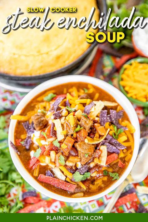 Slow Cooker Steak Enchilada Soup - seriously delicious! Chuck roast, corn, black beans, pinto beans, taco seasoning, Rotel tomatoes, ranch seasoning, beef broth, and enchilada sauce. Brown the meat and dump everything in the crockpot. SO easy! Top the soup with some tortilla chips, cheese, and sour cream. Can freeze leftovers for a quick meal later. #slowcooker #crockpot #soup #tacosoup #beef Steak Enchiladas, Roast Corn, Crockpot Favorites, Freeze Leftovers, Enchilada Soup Recipe, Steak Soup, Slow Cooker Steak, Slow Cooker Enchiladas, Mississippi Pot