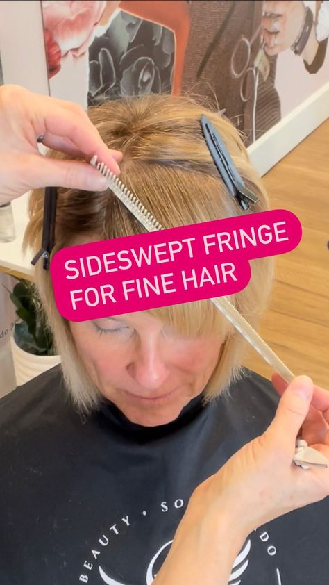 Sonna Jean Brado | What do you do if your client has fine hair and wants a full fringe? PIVOT!😂👍(I couldn’t resist) But seriously, pivoting your sections… | Instagram How To Style Fine Straight Hair, Hairstyles For Big Foreheads Women, Hair Styles For Big Foreheads, Shakira She Wolf, Hair For Big Foreheads, Big Forehead Hairstyles, Cut Bangs Tutorial, How To Cut Fringe, Fringe Bob Haircut