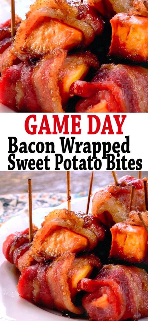 Sweet Potato Appetizers, Bacon Wrapped Potatoes, Sweet Potato Wrap, Sweet Potato Bites, Sweet Potato Bacon, Sweet Potatoe Bites, Bowl Party Food, Bacon Appetizers, Potato Bites