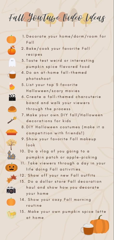 How To Youtube Video Ideas, Fall Content Ideas For Youtube, Halloween Youtube Video Ideas, Youtube Video Ideas 2022, Fall Video Ideas Youtube, Influencer Video Ideas, Things To Bake In Autumn, Good Youtube Video Ideas, Youtube First Video Ideas