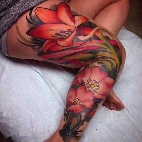 50+ Examples of Colorful Tattoos | Showcase of Art & Design Lily Tattoo Color, Vein Tattoos, Colorful Tattoos For Black Women, Full Leg Tattoos Women, Leg Sleeve Tattoos Female, Leg Tats, Woman Sleeve, Best Leg Tattoos, Full Leg Tattoos