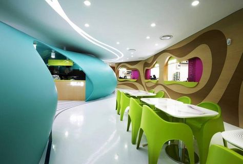 Amoje Food Capital by Karim Rashid | Delood Data Graphic, Food Court Design, Cafeteria Design, Food Courts, Alexander Girard, Karim Rashid, Modern Restaurant, Patricia Urquiola, Meeting Place