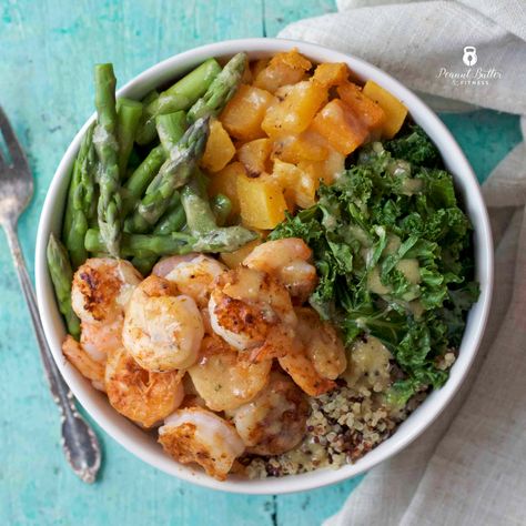 Shrimp Buddha Bowl - Peanut Butter and Fitness Shrimp Buddha Bowl, Protein Prep, Prep Dinners, Paleo Lunches, Nutrition Challenge, Macro Recipes, Seafood Meals, Butternut Squash Cubes, Lunch Prep