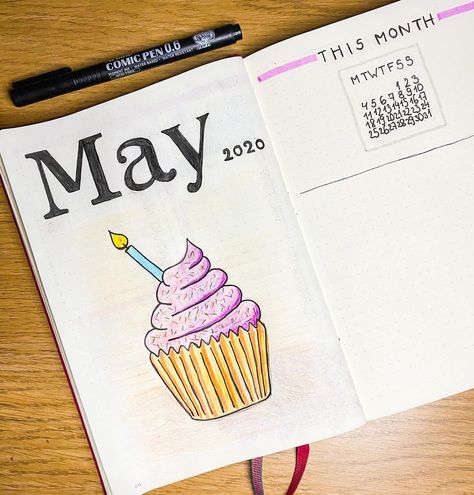 Birthday month! 🥳🎉🎉 And so the theme for May is cupcakes! Quite proud of the lettering even tho it took me about an hour! #bujo #bulletjournal #bujo2020 #maytheme #cupcake #cupcaketheme #maybujo #bujotheme #monthlyspread Bujo Birthday Month, Birthday Month Bujo Theme, Birthday Month Journal Ideas, Birthday Month Bullet Journal, Bujo Birthday Spread, Cupcake Journal, Birthday Bujo, Boju Ideas, Birthday Journal Ideas