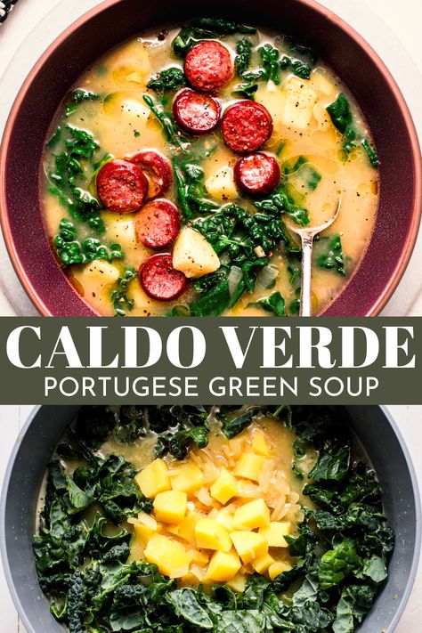 This Portuguese Caldo Verde recipe simmers potatoes, kale, and smoky sausage in a rich and comforting broth. All made in one pot, it’s an incredibly flavorful meal that will transport you to the shores of Portugal with every spoonful! Caldo Verde Recipe, Green Chili Soup, Caldo Recipe, Kale Soup Recipes, Stews Recipes, Savory Recipe, Verde Recipe, Rose Recipes, Green Soup