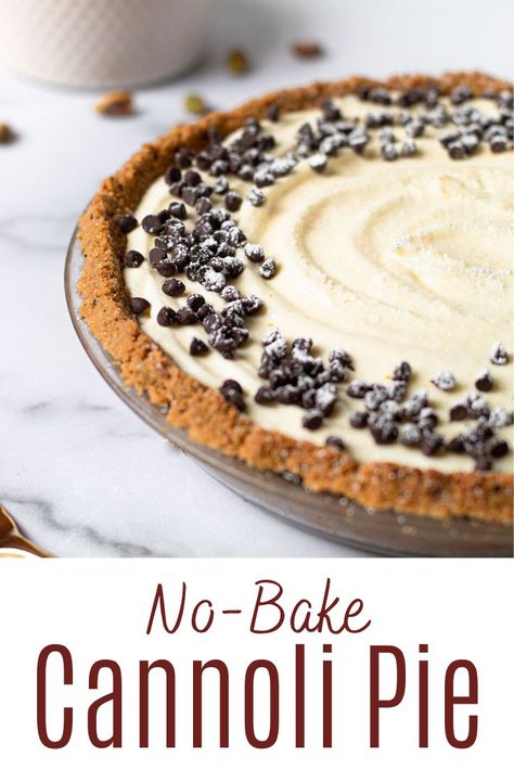 This No-Bake Cannoli Pie comes together super quick and is flavored just like that classic Italian dessert, minus all of the hard work to make it! Canolli Pie Recipe, Cannoli Pie No Bake, No Bake Cannoli Cheesecake, Quick Italian Desserts, Canoli Cheesecake Recipes, Pies To Sell, Philadelphia Dessert, Dinner Dessert Ideas, Cannoli Pie