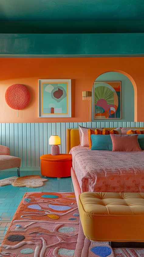 If I Designed a Cheap Motel — Living Bright Interiors Fun Colorful Interior Design, Funky Interior Design Bedroom, Red Retro Bedroom, Memphis Design Interior Bedroom, Pop Arcade Interior Design, Funky Basement, Funky Bedroom Ideas, Electric Interior, Vintage Retro Bedroom