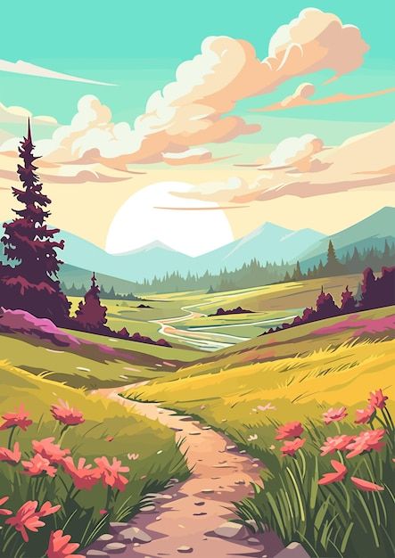 Valley Painting Landscapes, Spring Vector Art, Landscape Vector Art, Flat Illustration Landscape, Vector Art Landscape, Vector Landscape Illustration, Spring Digital Art, Flat Landscape, Comic Book Background