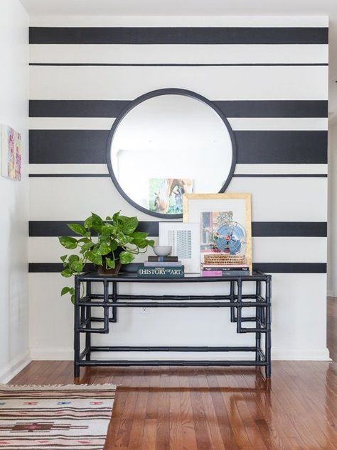 Striped Walls, Wall Paint Designs, Wallpaper Accent Wall, Paint Stripes, Black And White Stripes, Round Mirror, Wall Paint, Paint Designs, White Walls