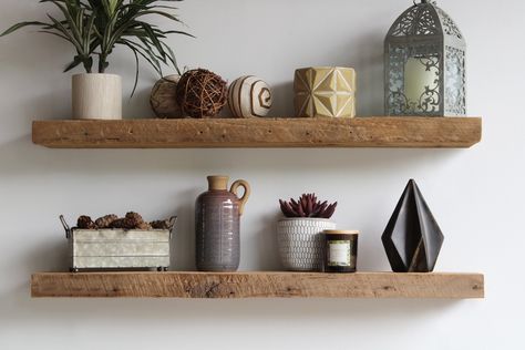 Floating Reclaimed Wood Shelves | Industrial, Rustic, Genuine Barn Wood l Amish Handcrafted in Lancaster County, PA by UrbanLegacyProducts on Etsy https://www.etsy.com/au/listing/608186290/floating-reclaimed-wood-shelves Pallet Deck Diy, Natural Shelves, Reclaimed Wood Shelves, Solid Wood Shelves, Floating Shelves Diy, Wood Wall Shelf, Wood Floating Shelves, Rustic Shelves, Floating Wall