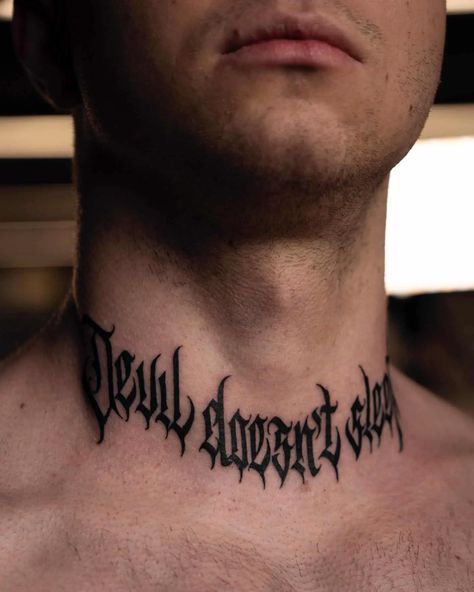 40 Awesome Neck Tattoo Ideas for Men & Women in 2023 Back Of Head Tattoos Men, Neck Tattoo Words Men, Tattoo Around Neck, Neck Text Tattoo Men, Tattoo In Neck, Cool Word Tattoos Men, Front Of Neck Tattoo Men, Below Neck Tattoo, Unique Neck Tattoos For Men