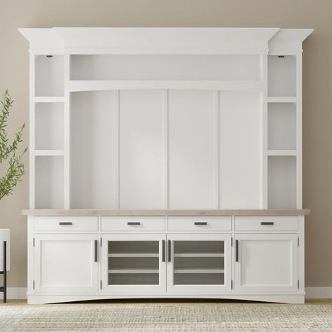 Beachcrest Home Bankhead 95'' Media Center & Reviews | Wayfair Exterior Shelves, Touch Lights, Shelving Cabinet, Display China, Coastal Farmhouse Style, Dining Hutch, Oak Shelf, Enclosed Storage, Wood Entertainment Center