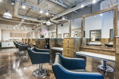 2018 Salons of the Year: Voss Salon - Awards & Contests - Salon Today Metal Countertops, Reclaimed Wood Cabinet, Salon Business Plan, Exposed Ceiling, Salon Design Ideas, Hair Salon Design, Hair Salon Interior, Beauty Salon Decor, Wood Cladding