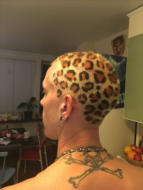 Cheetah Print Hair Men, Cheetah Print Shaved Head, Cheetah Print Hair Shaved, Leopard Print Undercut, Leopard Print Hair Shaved, Leopard Print Buzzcut, Cheetah Print Buzzcut, Buzz Dyed Hair, Leopard Hair Dye