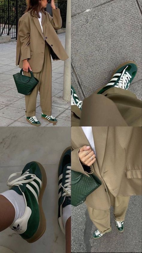 Green Shoe Outfits Women, Green Adidas Samba Outfit, Adidas Samba Green Outfit Women, Green Trainers Outfit Women, Green Spezials Outfit, Blue Trainers Outfit, Green Gazelles Outfit, Green Trainers Outfit, Adidas Samba White Green Outfit