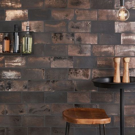 Copper Color Backsplash Kitchen, Copper Subway Tile Backsplash, Cooper Backsplash Kitchen, Bathroom Sink Wall Tile, Black And Brown Backsplash, Tile Walls Living Room, Rustic Metal Backsplash Kitchen, All Tile Kitchen Walls, Bamboo Backsplash Kitchen