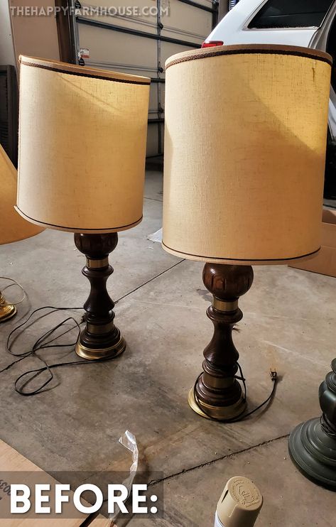 Refurbished Lamps, Upcycle Lamp, Spray Paint Lamps, Farmhouse Lampshade, Farmhouse Style Lamps, Farmhouse Lamp, Lamp Redo, Diy Lamp Makeover, Wooden Lights