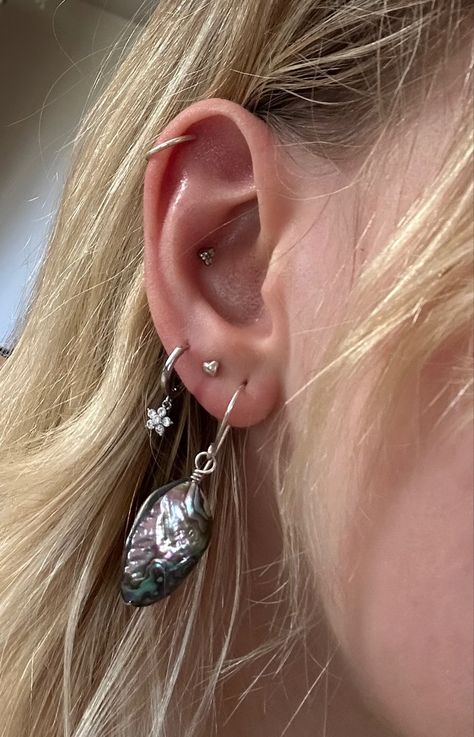 Three Lobe Piercings Silver, Silver Earring Stack Prom, Multiple Ear Piercings Aesthetic Silver, Piercing Ideas Both Ears, Silver Piercing Ideas, Silver Earring Combinations, Earrings Stack Aesthetic, Piercing Silver Ear, Ear Scape Ideas Silver