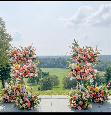 Wild Flower Wedding Theme Color Schemes, Ceremony Flower Arch, Colorful Flowers Wedding, Flower Archway, Spring Floral Wedding, Alter Flowers, Whimsical Theme, Wedding Planning Boards, Flower Props