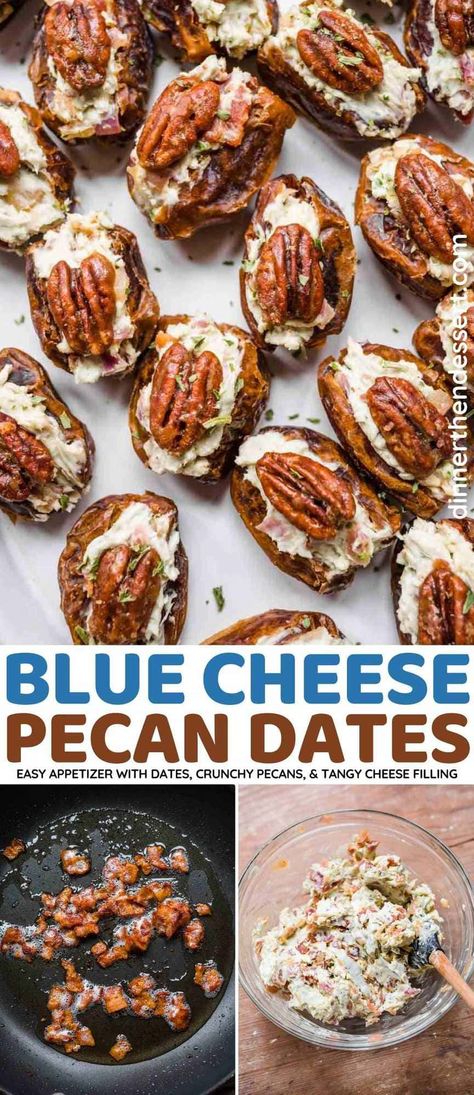 Blue Cheese Pecan Dates are an easy and impressive appetizer with candied pecans, crumbled blue cheese, pitted dates, and bacon. Rosemary Sizzled Salami Dates And Pecans, Dates And Blue Cheese, Dates Stuffed With Blue Cheese, Things To Do With Blue Cheese, Blue Cheese Stuffed Dates Wrapped In Prosciutto, Bacon Wrapped Dates With Blue Cheese, Blue Cheese Charcuterie Board, Blue Cheese Recipes Appetizers, Pitted Dates Recipes