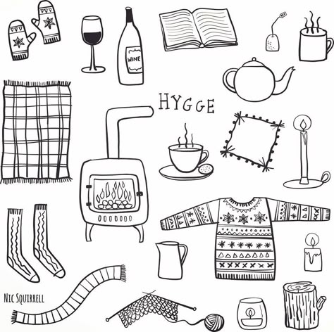 nic squirrell: Hygge sketches. I'm definitely a hygge kind of per... Hygge Tattoo, Doodle Objects, Hygge Illustration, Winter Illustration, Doodle Inspiration, Sketch Notes, Dot Journals, Easy Doodles Drawings, Bullet Journal Inspo