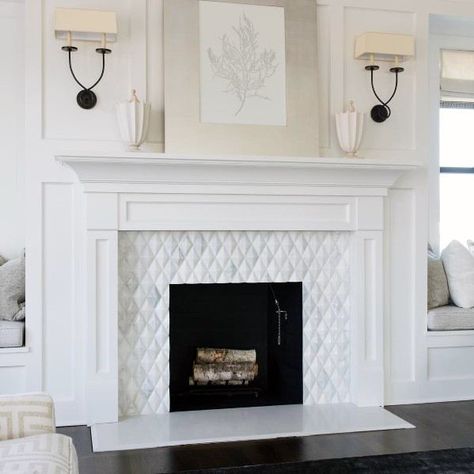 White Tiled Fireplaces Designs White Fireplace Mantels, Fireplace Tile Surround, White Fireplace, Farmhouse Fireplace, Fireplace Remodel, Home Fireplace, Fireplace Makeover, Modern Fireplace, The Fireplace