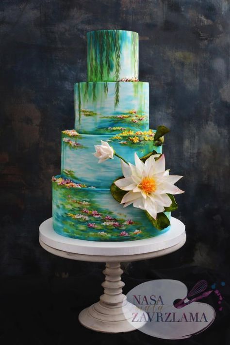 Water Lilies (Claude Monet) Wedding Cake by Nasa Mala Zavrzlama - http://cakesdecor.com/cakes/291393-water-lilies-claude-monet-wedding-cake Pond Cake, Hand Painted Wedding Cake, Torte Creative, Painted Wedding Cake, Cake With Flowers, Hand Painted Cakes, Torte Cupcake, Tiered Cake, Crazy Cakes