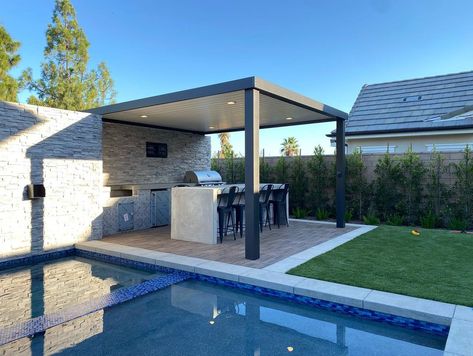 Pool Pergola, Outdoor Bbq Area, Outdoor Kitchen Bars, Outdoor Patio Bar, Outdoor Bbq Kitchen, Backyard Pavilion, Backyard Kitchen, Backyard Remodel, Outdoor Kitchen Patio