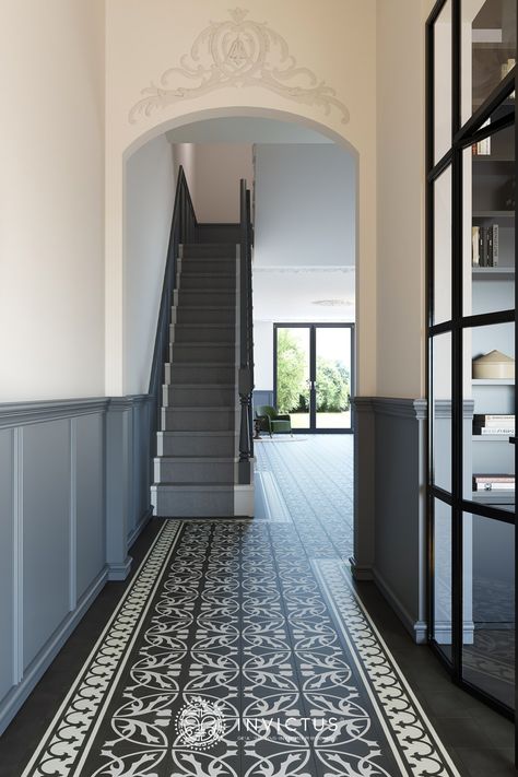 Flooring Hallway, Edwardian Hallway, Victorian Hallway Tiles, Hallway Tiles, Hallway Panelling, Victorian House Interiors, Victorian Hallway, Hal Decor, Tiled Hallway