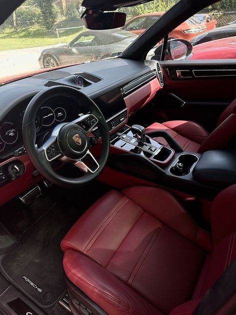 Porsche Cayenne Red Interior, Blacked Out Porsche Cayenne, Black Porsche Red Interior, Porsche Macan Red Interior, Porche Cayenne Aesthetic, Porsche Red Interior, Porsche Suv Interior, Porsche Inside, Porsche Cayenne Aesthetic