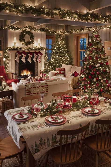 Christmas Dinning Ideas, Farmhouse Dining Room Christmas Decor, Christmas Dinning Room Decoration, Christmas Dining Room Ideas, Christmas Decir, Red And Green Decor, Dining Room Christmas Decor, Christmas Dining Room Decor, Christmas Living Room Ideas