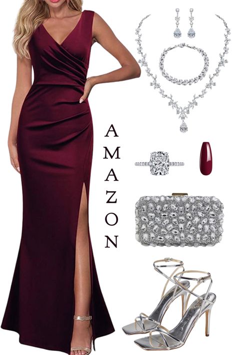 Summer wedding guest dress, evening sandals silver, burgundy maxi dress Burgundy Dress Accessories Formal, Jewelry With Burgundy Dress, Wine Gown Accessories, Burgundy Dress Jewelry Ideas, Burgundy Dress Jewelry, Burgundy Dress Wedding Guest, Accessories For Burgundy Dress, Wine And Silver Wedding Colors, Burgundy Dress Outfit Wedding Guest