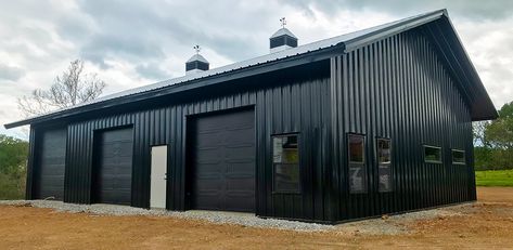 Outdoor Metal Building Ideas, Metal Building Salon, Black Morton Building, 30x40 Garage With Living Quarters, Metal Building Garage Shops, Black Steel Building, Metal Commercial Buildings, Commercial Metal Building Exterior, Black Pole Building