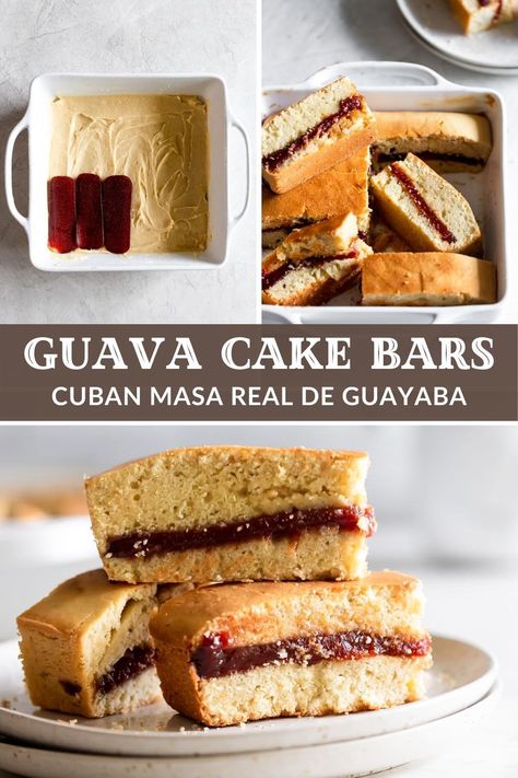 Cuban Guava Cake Bars! A layer of thick sweet guava paste sandwiched between two layers of rich, dense cake. The best dessert in all the land! #dessert #recipes Guava Desserts Recipes, Vegan Guava Recipes, Cuban Recipes Dessert, Guava Tart Recipes, Cuban Dessert Recipes, Guava Dessert Recipes, Cuban Cake Recipe, Cuban Sweets, Fresh Guava Recipes