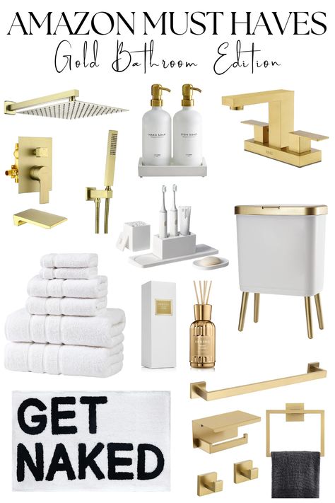 Gold Accent Bathroom Decor, Brushed Gold Bathroom Accessories, Gold And White Bathroom Decor Ideas, Gold Bathroom Accents, Sandy Bathroom, Gold Accent Bathroom, Gold Apartment Decor, Gold And White Bathroom, Bathroom With Shower And Bath