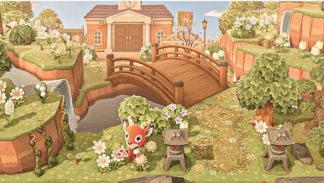 Animal Crossing City Hall Ideas, Acnh Bridge Ideas, Vintage Acnh, Acnh Island Entrance Ideas, Acnh Entrance Designs, Acnh Build Ideas, Animal Crossing Island Inspiration, Cottage Core Animal Crossing, Cottagecore Animal Crossing