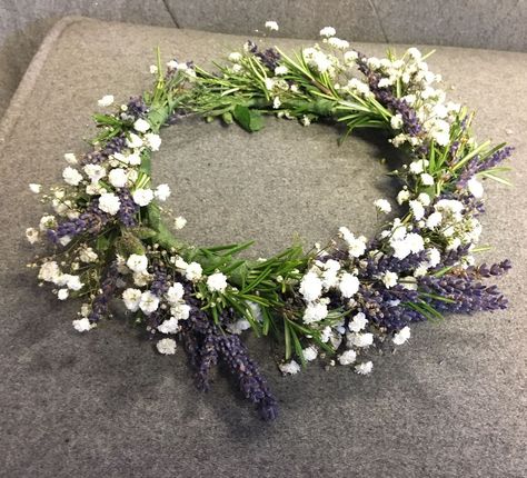 A bespoke floral crown made of fragrant rosemary, dried lavender and fresh white gypsophila. #parsleyandsage #floralcrown #lavender Olive Crown, Rosemary Flower, White Gypsophila, Lavender And Rosemary, Lavender Wedding Flowers, Modest Wedding Dresses With Sleeves, Provence Wedding, Wedding Cross, Picnic Wedding