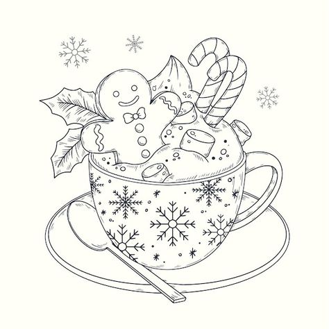 Holiday Colouring Pages, Christmas Pencil Sketches, Christmas Cute Illustration, Hot Chocolate Vector, Hot Chocolate Drawing, Xmas Illustration, Christmas Cards Drawing, Xmas Drawing, Mug Drawing