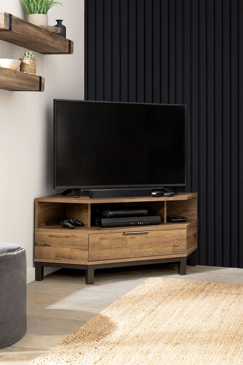 Tv In Corner Of Living Room, Corner Tv Ideas, Modern Corner Tv Stand, Living Room Cupboards, Corner Tv Cabinets, Corner Tv Stands, Corner Tv Unit, Tv Unit Decor, Modern Tv Cabinet