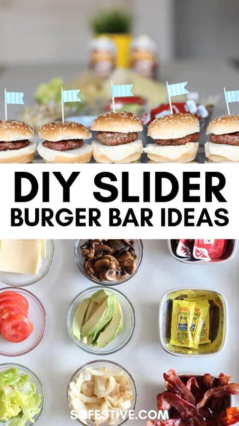 Create your own Slider Burger Bar with these awesome party tips- great idea for a summer bbq or dinner for guys- DIY sliders for the win!  - So Festive! Slider Toppings Bar, Slider Burger Bar, Bbq Slider Bar, Burger Slider Bar, Diy Dinner Bar Ideas, Burger Buffet Ideas Bbq Party, Hamburger Party Ideas Summer Burger Bar, Slider Burger Bar Party Ideas, Diy Burger Bar