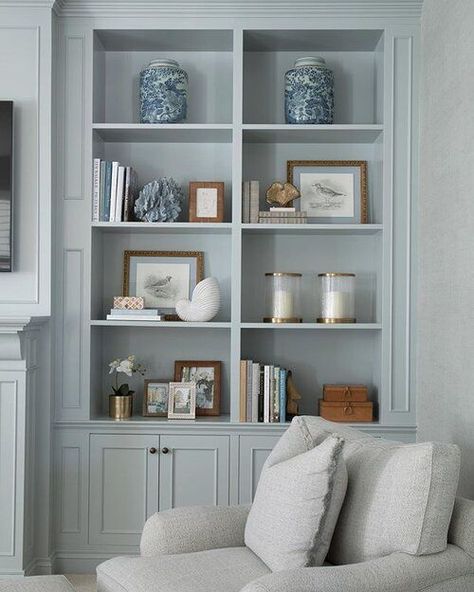 Painted Joinery, Bookshelves Decorating, Verandah House, Blue Bookshelf, Living Room Designs Classic, Townhouse Decor, Blue Bookshelves, Light Blue Living Room, Formal Lounge